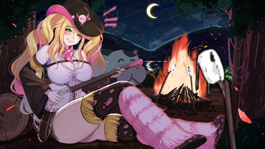 1girl absurdres alternate_hairstyle animal_print bandana banjo blonde_hair blush boots breasts brown_boots brown_hat cleavage commentary commission cow cow_print cowboy_hat crescent_moon curly_hair english_commentary eyeshadow facial_mark food front-tie_top full_body green_eyes hat heart heart_facial_mark highres holding holding_instrument hossy instrument large_breasts lasso leg_warmers lulu_lasso makeup marshmallow moon multicolored_hair navel nexas_(vtuber) night night_sky pink_bandana pink_eyeshadow pink_hair pink_leg_warmers shirt shorts sidelocks sitting sky solo stick stomach streaked_hair teeth thigh_boots twintails vgen_commission virtual_youtuber white_shirt