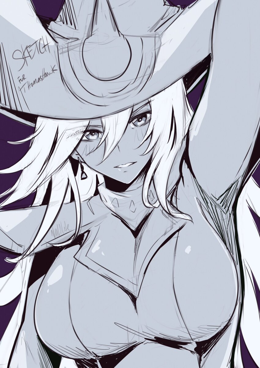 1girl arm_up breasts duel_monster hair_between_eyes hat highres long_hair looking_at_viewer monochrome parted_lips silent_magician sketch smile vialnite wizard_hat yu-gi-oh!