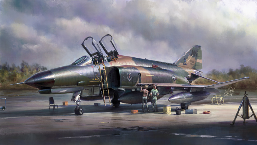 2girls aircraft airplane art_study black_bra blonde_hair bra brown_hair bucket centerline_fuel_tank f-4_phantom_ii fighter_jet from_behind green_pants highres jeffholy ladder landing_gear looking_at_object military_vehicle multiple_girls original pants roundel runway signature underwear united_states_air_force vehicle_focus