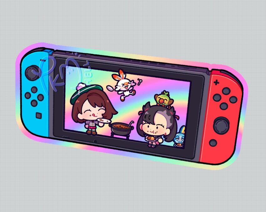 &gt;_&lt; 2girls :q asymmetrical_bangs black_hair brown_hair chewing commentary curry eating english_commentary food food_on_face gen_8_pokemon gloria_(pokemon) grey_background grookey highres marnie_(pokemon) multiple_girls nintendo nintendo_switch pokemon pokemon_(creature) pokemon_swsh scorbunny sobble starter_pokemon_trio submashell swept_bangs tongue tongue_out