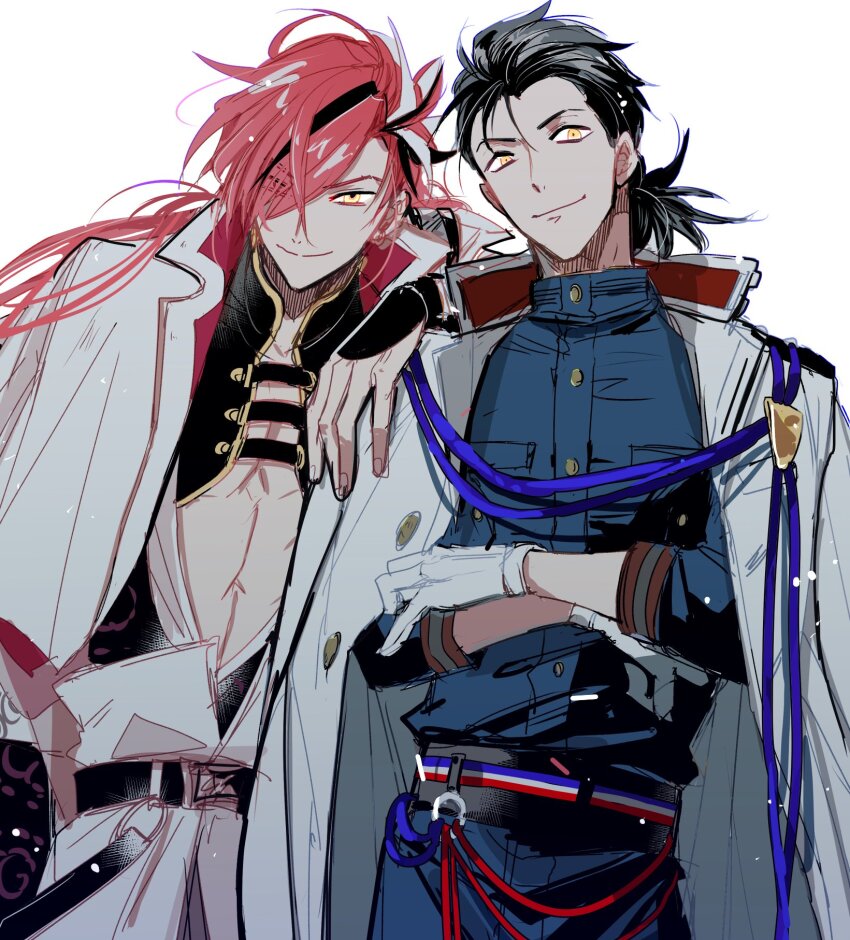 2boys arm_on_another&#039;s_shoulder backlighting belt black_belt black_hair black_kimono blue_jacket blue_pants coat coat_on_shoulders cowboy_shot crossed_arms eyes_visible_through_hair fate/grand_order fate_(series) gloves hair_over_one_eye hair_pulled_back hair_strand highres jacket japanese_clothes kimono long_hair looking_at_viewer low_ponytail male_focus multicolored_hair multiple_boys pants pectoral_cleavage pectorals ponytail red_hair sakamoto_ryouma_(fate) sakamoto_ryouma_(lancer)_(fate) shrug_(clothing) simple_background smile streaked_hair takasugi_shinsaku_(fate) white_background white_coat white_gloves white_hair white_jacket yayayakan yellow_eyes