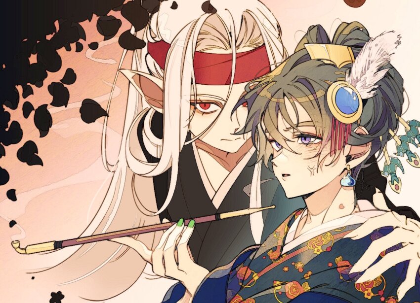 2boys anger_vein blue_gemstone commentary_request crossdressing demon_boy dragon_quest dragon_quest_iv earrings feather_hair_ornament feathers gem green_hair green_kimono green_nails hair_ornament hair_stick hand_on_another&#039;s_shoulder headband hero_(dq4) holding holding_smoking_pipe japanese_clothes jewelry kimono kiseru long_hair male_focus mamesan_2024 medium_hair montsuki multiple_boys nihongami oiran open_mouth parted_hair pisaro pointy_ears purple_eyes red_eyes red_headband slime_(dragon_quest) slit_pupils smoking_pipe upper_body white_hair