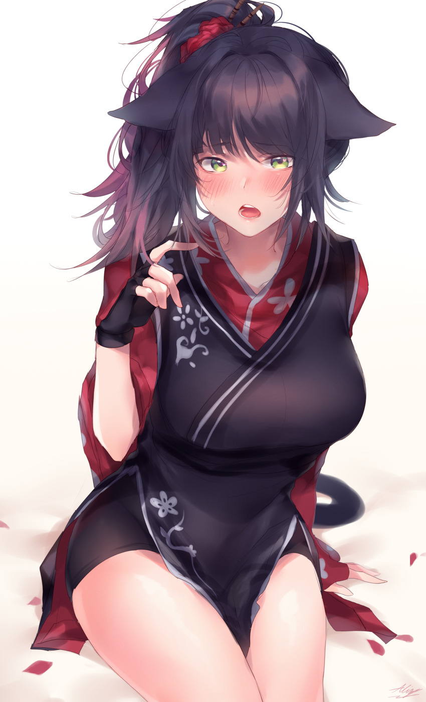 1girl absurdres allze animal_ears arknights black_dress black_gloves black_hair blush breasts cat_ears commentary_request dress fingerless_gloves gloves highres jessica_(arknights) large_breasts long_hair official_alternate_costume open_mouth petals ponytail sitting solo thighs white_background