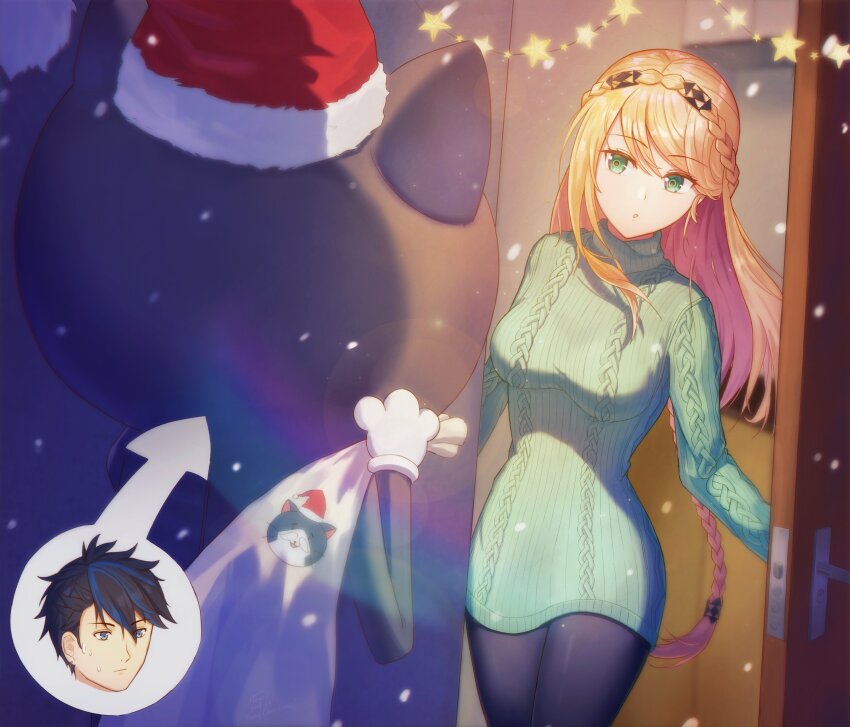 1boy 1girl absurdres black_hair blonde_hair blue_eyes braid breasts christmas crown_braid door eiyuu_densetsu elaine_auclair floating_hair flowingcrescent fur-trimmed_headwear fur_trim green_eyes hair_between_eyes hat highres holding holding_sack kuro_no_kiseki_(series) mascot mascot_costume medium_breasts multicolored_hair open_door ribbed_sweater sack santa_hat single_braid snowing star_ornament sweater swept_bangs two-tone_hair van_arkride