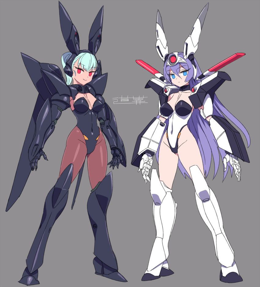 2girls animal_ears av-xo_type_zero blue_eyes blue_hair breasts cleavage covered_navel green_hair hair_between_eyes highres kidou_keisatsu_patlabor leggings leotard long_hair mechanical_ears medium_breasts michi_kuso multiple_girls open_hands pantyhose personification playboy_bunny police purple_hair rabbit_ears red_eyes standing type_j-9_griffon very_long_hair