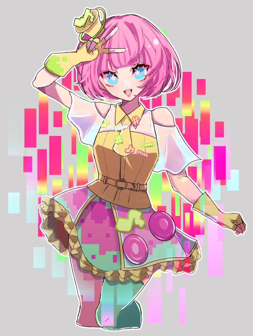 1girl :d bare_shoulders belt commentary_request fingerless_gloves gloves hair_ornament hat highres kamen_rider kamen_rider_ex-aid_(series) looking_at_viewer mole mole_under_eye musical_note necktie open_mouth pink_hair poppi_pipopapo purple_eyes red_eyes short_hair sketch smile solo translated yellow_background zundokochimetarou