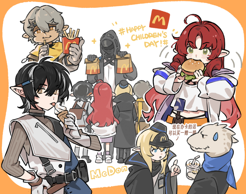 12f_(arknights) 1other 2girls 3boys :t ahoge arknights bag belt belt_pouch big_mac black_belt black_coat black_footwear black_hair black_hat black_scarf black_thighhighs blonde_hair blue_eyes blue_scarf brown_bag brown_eyes burger chestnut_(arknights) children&#039;s_day chinese_text coat commentary_request copyright_name crop_top cup curtained_hair deformed disposable_cup doctor_(arknights) drinking_straw durin_(arknights) eating fast_food favilia food food_in_mouth french_fries full_mouth garrison_cap gloves green_eyes grey_hair grey_socks hat holding holding_bag holding_food holding_ice_cream holding_ice_cream_cone ice_cream ice_cream_cone index_finger_raised inset_border licking lizardman logo long_hair long_sleeves looking_at_another looking_at_viewer mcdonald&#039;s midriff minimalist_(arknights) multiple_boys multiple_girls myrtle_(arknights) object_behind_ear open_clothes open_coat paper_bag parted_bangs pencil pink_socks pointy_ears pouch red_hair reptile_boy scarf shirt short_hair simplified_chinese_text sleeves_past_fingers sleeves_past_wrists socks striped_clothes striped_shirt sweatdrop talking tank_top thighhighs tongue tongue_out translation_request utility_belt vertical-striped_clothes vertical-striped_shirt visor_cap white_background white_footwear white_gloves white_tank_top wide_sleeves yellow_scarf |_|
