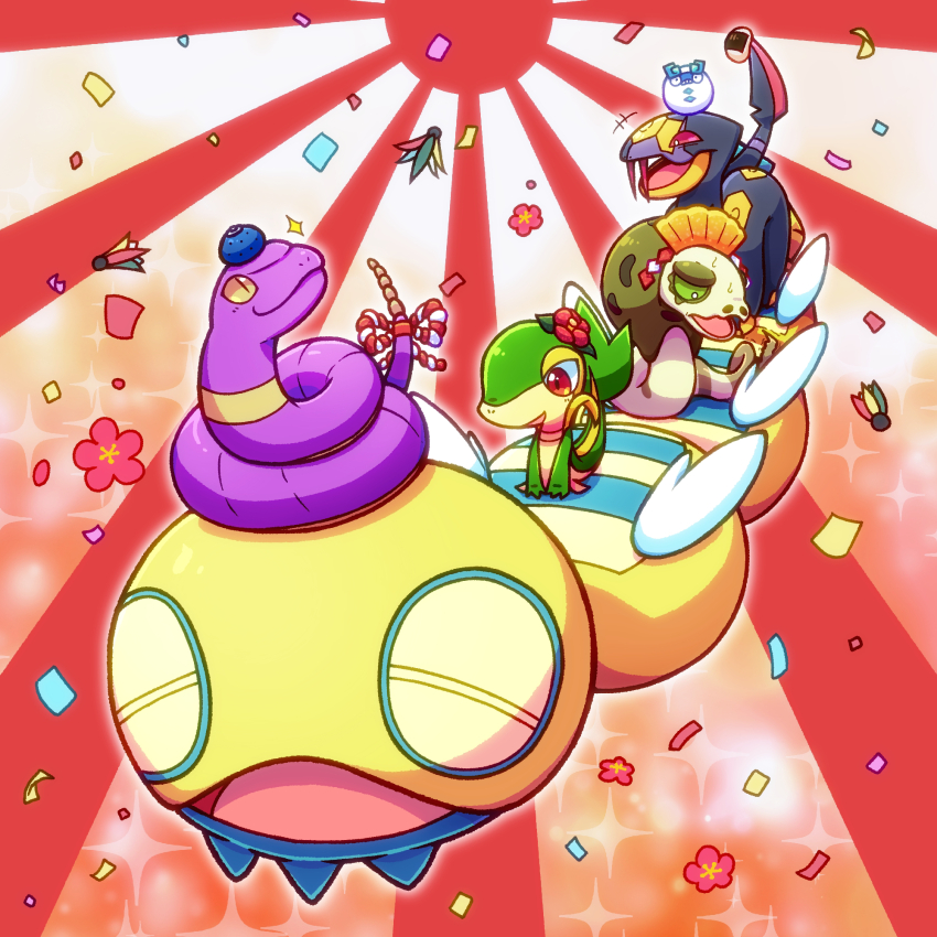 animal_focus berry_(pokemon) chinese_zodiac closed_mouth commentary_request confetti dudunsparce dudunsparce_(three-segment) ekans fangs flower galarian_darumaka galarian_form gen_1_pokemon gen_3_pokemon gen_5_pokemon gen_8_pokemon highres nintendo no_humans open_mouth oran_berry pokemon pokemon_(creature) pokemon_focus red_eyes red_flower riding riding_pokemon seviper silicobra smile snake snivy sparkle user_yvgk5553 year_of_the_snake
