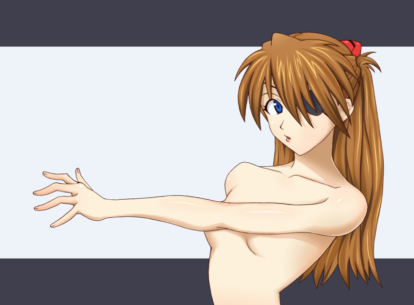 1girl blue_eyes brown_hair evangelion:_3.0+1.0_thrice_upon_a_time eyepatch lips long_hair looking_at_viewer neon_genesis_evangelion nude pixiv1478062 rebuild_of_evangelion shiny_skin simple_background souryuu_asuka_langley two_side_up upper_body