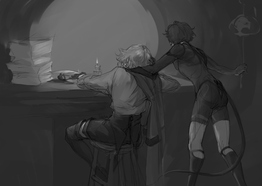 2boys book boots candle coattails commentary english_commentary from_behind gavis_bettel gavis_bettel_(1st_costume) gloves greyscale highres holostars holostars_english kneehighs machina_x_flayon machina_x_flayon_(1st_costume) male_focus mechanical_tail medium_hair monochrome multiple_boys on_stool pile_of_books short_hair shorts sitting sketch socks standing tail thigh_boots tobiarts virtual_youtuber