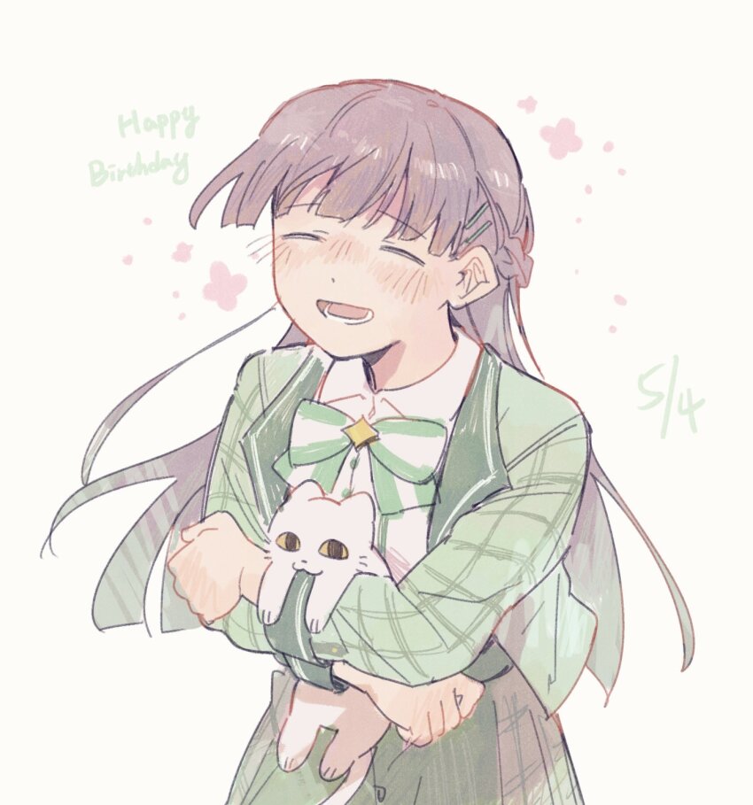1girl :d animal animal_hug birthday blunt_ends blush bow bowtie braid brooch cat clenched_hand closed_mouth collared_shirt commentary cowboy_shot dot_nose facing_ahead flower_symbol gradient_hair green_bow green_bowtie green_hair green_jacket hair_ornament hairclip half_up_braid happy_birthday highres holding holding_animal jacket jewelry long_hair long_sleeves lower_teeth_only multicolored_hair nose_blush open_clothes open_jacket open_mouth plaid_clothes plaid_sleeves purple_hair rei931218 shirt shoujo_kageki_revue_starlight simple_background smile solo star_(symbol) star_brooch striped_bow striped_bowtie striped_clothes symbol-only_commentary teeth three_quarter_view tsuyuzaki_mahiru white_background white_bow white_bowtie white_cat white_shirt