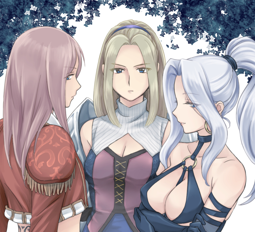 3girls armor back_tattoo bare_shoulders black_dress black_gloves blue_eyes breasts cleavage cleavage_cutout clothing_cutout collarbone commentary_request crossed_arms dress earrings elbow_gloves epaulettes gensou_suikoden gensou_suikoden_iv gloves hairband ham_pon hoop_earrings jacket jeane_(suikoden) jewelry kika_(suikoden) large_breasts light_brown_hair long_hair looking_at_viewer multiple_girls ornela_(rhapsodia) pauldrons pink_hair ponytail red_jacket rhapsodia shoulder_armor silver_hair sleeveless sleeveless_dress tattoo upper_body