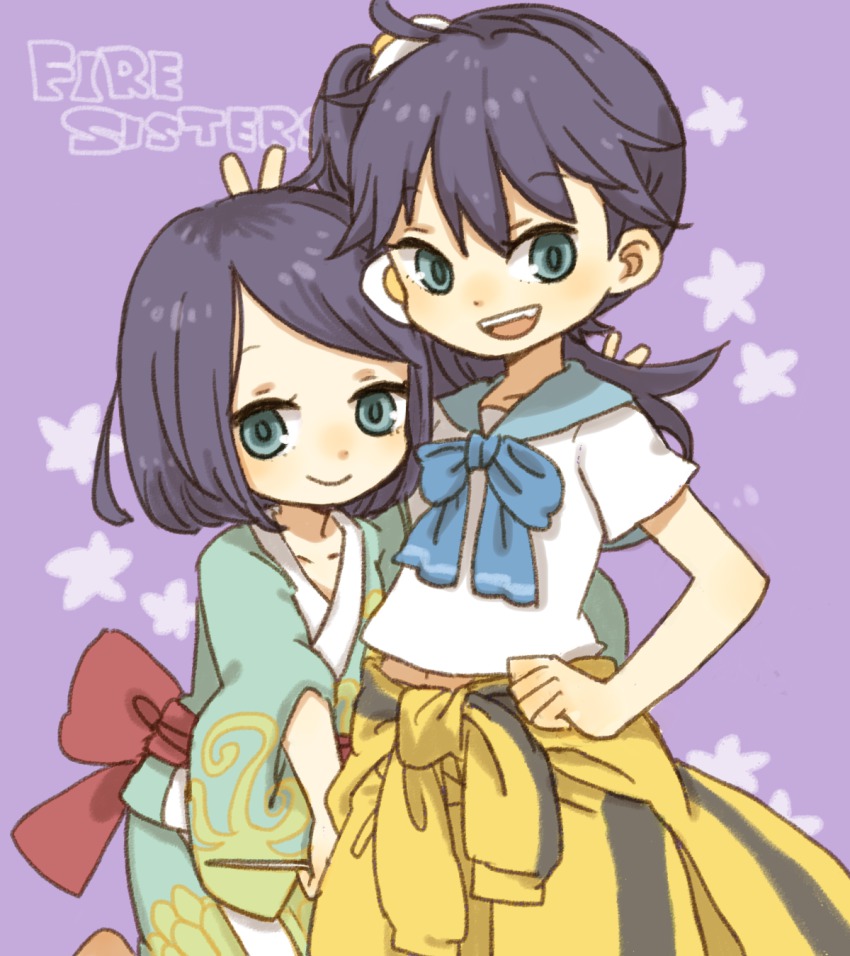 10s 2girls araragi_karen araragi_tsukihi black_hair clothes_around_waist egg_(food) english_text fang food fried_egg green_eyes hair_ornament highres jacket jacket_around_waist japanese_clothes kimono monogatari_(series) multiple_girls nisemonogatari open_mouth school_uniform short_hair short_sleeves siblings side_ponytail sisters smile v yukke