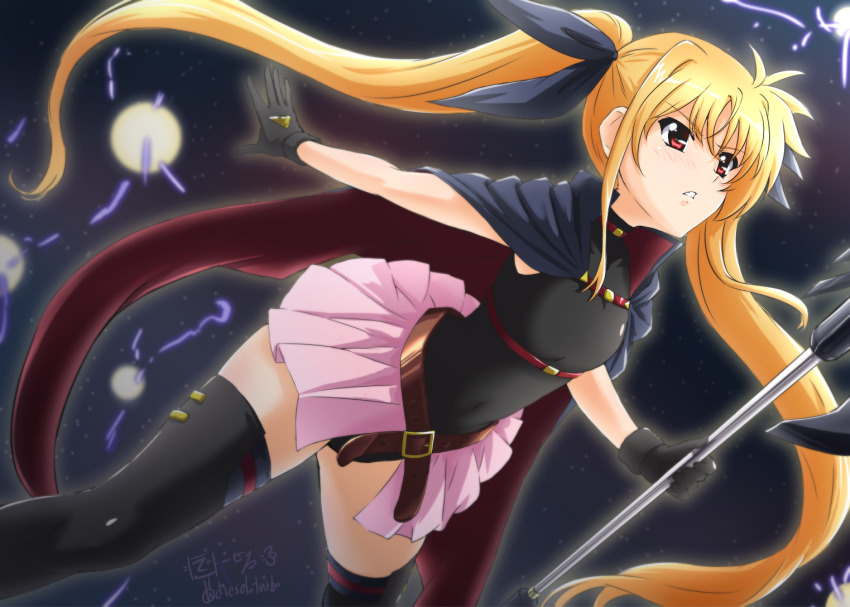 1girl artist_name bardiche_(axe_form)_(nanoha) bardiche_(nanoha) belt_bra black_gloves black_leotard black_thighhighs blonde_hair blush cape diesel-turbo fate_testarossa fate_testarossa_(movie_1st_form) gloves hair_ornament hair_ribbon leotard long_hair lyrical_nanoha mahou_shoujo_lyrical_nanoha mahou_shoujo_lyrical_nanoha_a&#039;s miniskirt night night_sky parted_lips pink_skirt red_eyes ribbon skirt sky solo thighhighs twintails
