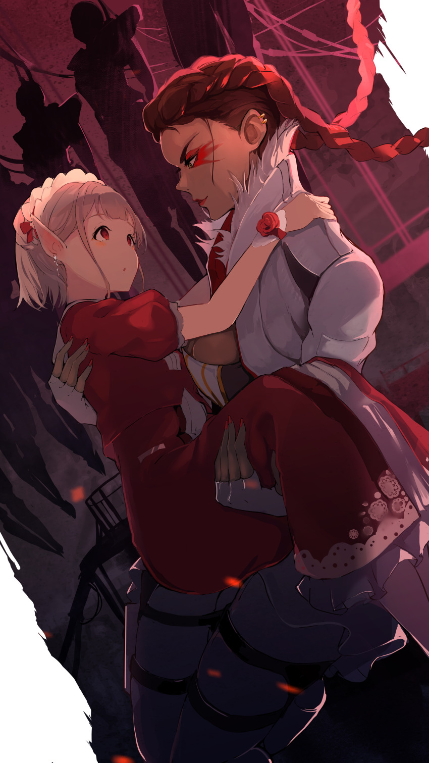 2girls absurdres apex_legends braid carrying ear_piercing earrings elu_(8th_costume)_(nijisanji) elu_(nijisanji) eye_contact highres jewelry loba_(apex_legends) long_hair looking_at_another multiple_girls nashimisaki_futakotamagawa nijisanji piercing pointy_ears princess_carry red_eyes red_hair robot short_hair twin_braids virtual_youtuber