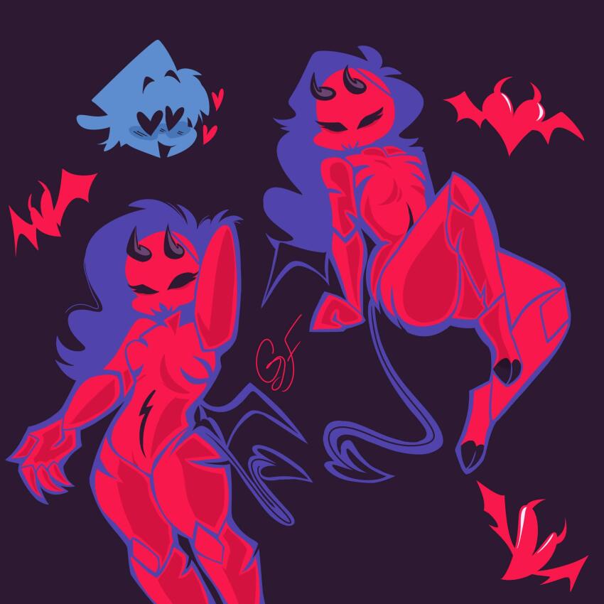 1boy 1girl blush boyfriend_(friday_night_funkin&#039;) demon_girl demon_horns demon_tail demon_wings friday_night_funkin&#039; girlfriend_(friday_night_funkin&#039;) heart heart-shaped_pupils highres hooves horns leg_up long_hair skeleton spacefatcat symbol-shaped_pupils tail wings