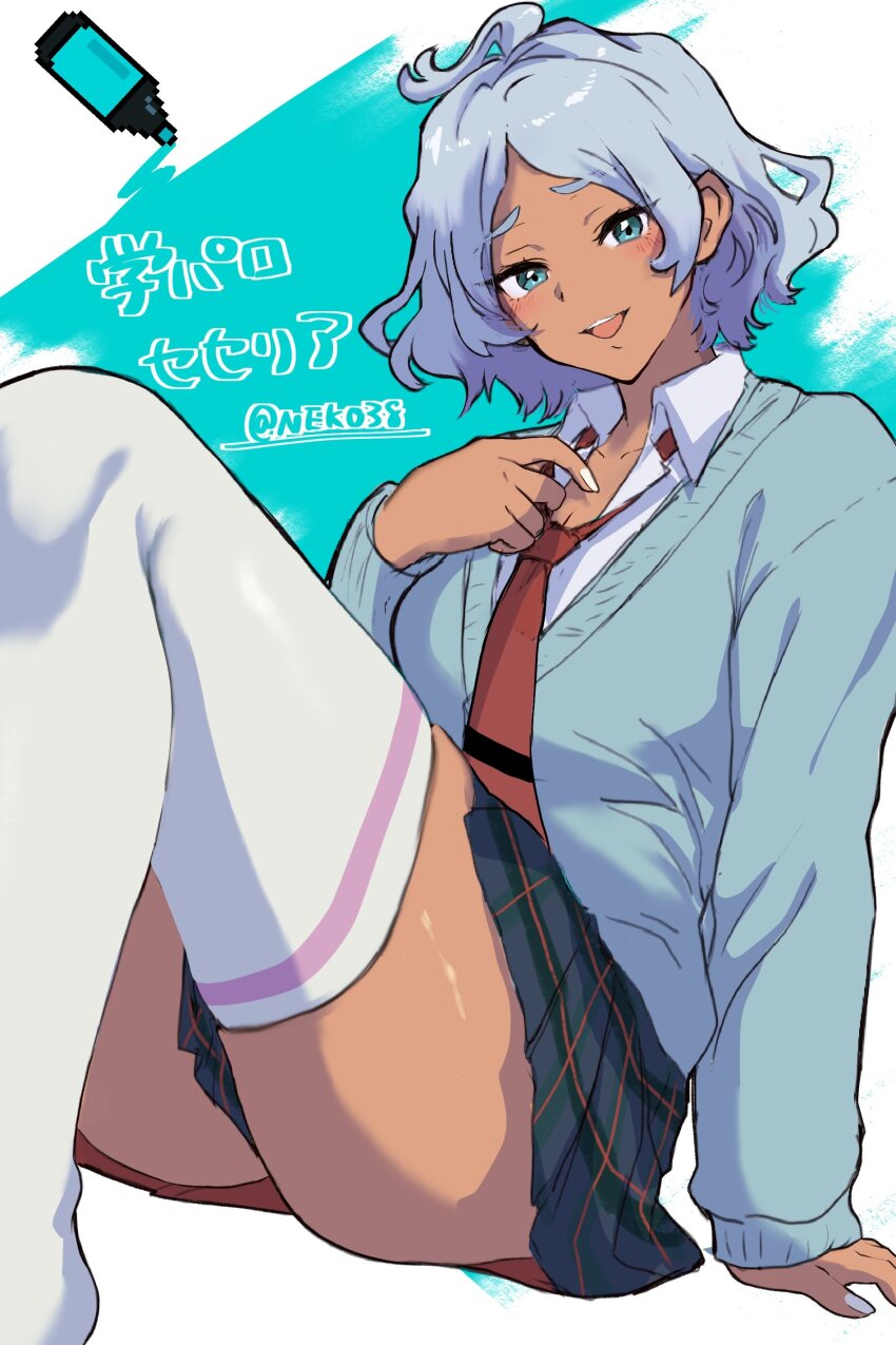 1girl absurdres artist_name blush commentary_request crayon dark-skinned_female dark_skin fluffy green_eyes grey_skirt gundam gundam_suisei_no_majo highres long_sleeves mizuno374 nail_polish necktie open_mouth red_necktie school_uniform secelia_dote skirt solo sweater_vest thick_eyebrows thick_thighs thighhighs thighs twitter_username white_hair white_nails