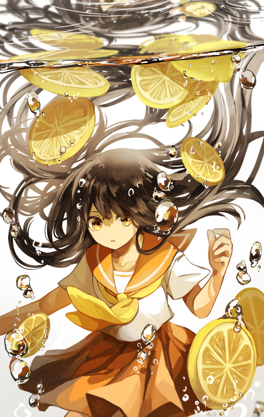 1girl :o absurdres arm_up bow bowtie brown_hair floating_hair food fruit highres lemon lemon_slice long_hair miniskirt open_mouth original pleated_skirt school_uniform short_sleeves skirt solo underwater very_long_hair water water_drop yellow_eyes yellow_theme yoru_410