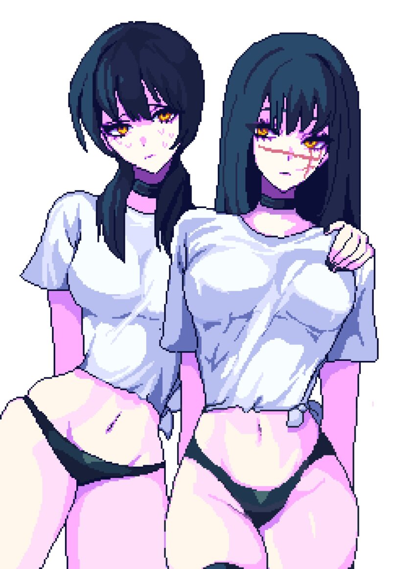 2girls black_choker black_hair black_nails black_panties breasts chainsaw_man choker closed_mouth cross_scar facial_scar hand_on_another&#039;s_shoulder highleg highleg_panties highres long_hair looking_at_viewer low_twintails midriff mitaka_asa multiple_girls navel panties pixel_art pixelcadete scar scar_on_cheek scar_on_face scar_on_nose shirt short_sleeves simple_background skindentation straight_hair sweat thighs tight_clothes tight_shirt twintails underwear white_background white_shirt yellow_eyes yoru_(chainsaw_man)