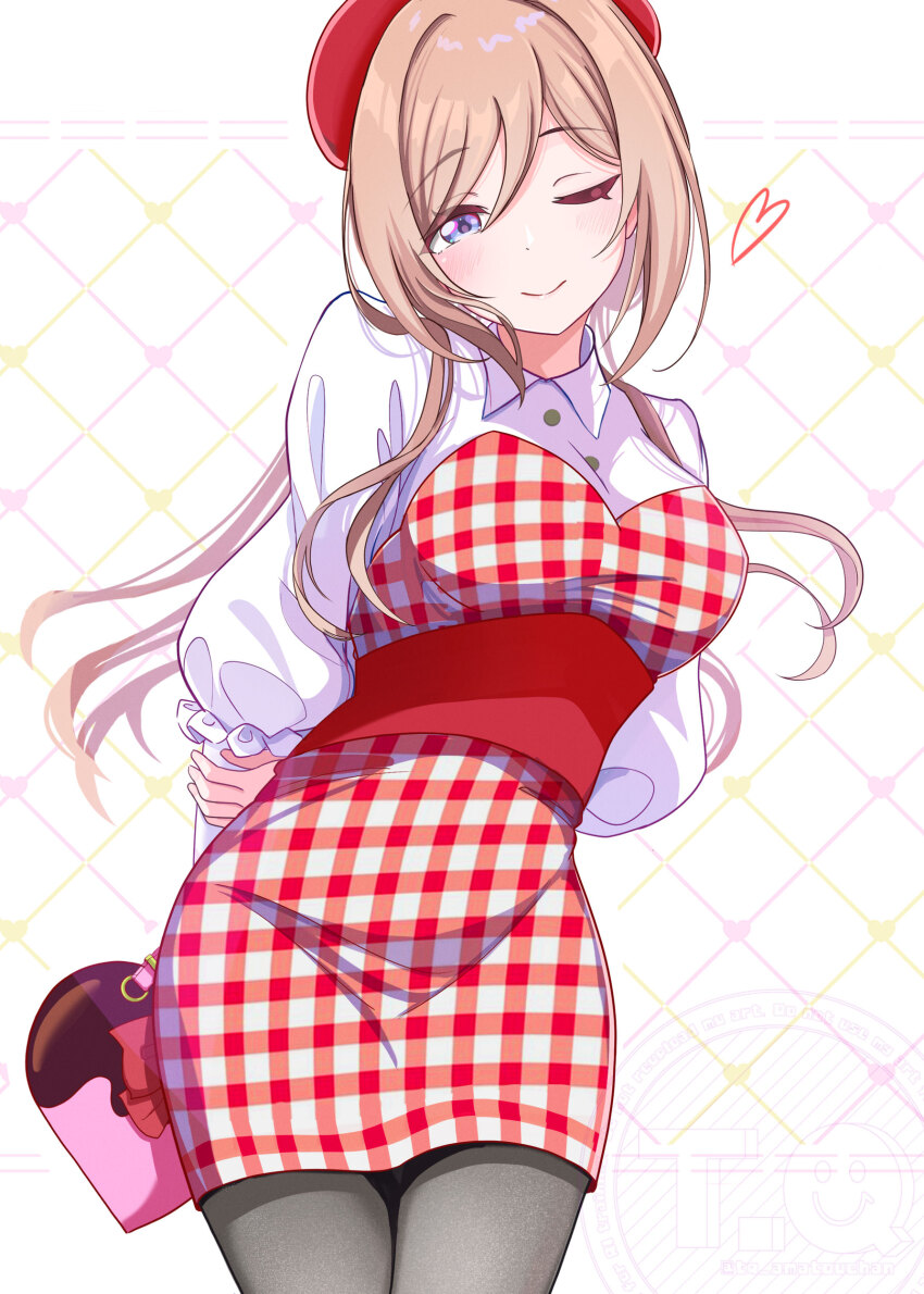 1girl ;) absurdres arms_behind_back bag blue_eyes blush breasts brown_hair closed_mouth commentary_request dress gakuen_idolmaster grey_pantyhose grid_background hand_on_own_arm hat heart highres himesaki_rinami holding holding_bag idolmaster large_breasts long_hair long_sleeves looking_at_viewer one_eye_closed pantyhose plaid_clothes plaid_dress red_hat sidelocks smile solo tq_amatouchan watermark