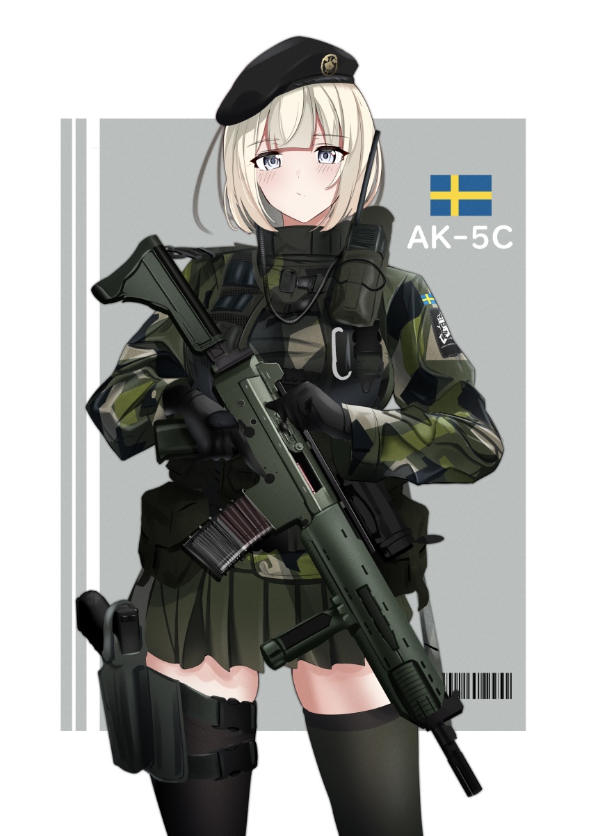 1girl absurdres ak_5 assault_rifle beret black_gloves black_hat black_thighhighs blonde_hair blush camouflage camouflage_jacket closed_mouth feet_out_of_frame fn_fnc gloves green_skirt grey_eyes gun handgun hat highres holding holding_gun holding_weapon holster holstered jacket looking_at_viewer military military_hat military_uniform original pleated_skirt radio revision rifle rynn_(rynn_cube) short_hair skirt solo standing sweden swedish_flag thighhighs trigger_discipline vertical_forward_grip walkie-talkie weapon white_background