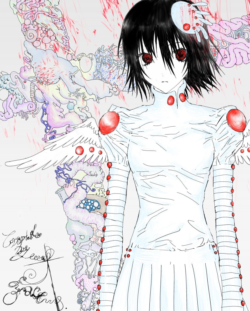 1girl black_hair blood blood_splatter bone breasts closed_mouth colored_skin commentary cowboy_shot cross cursive empty_eyes english_commentary english_text expressionless feathered_wings hair_between_eyes high_collar highres intestines juliet_sleeves latin_cross light_frown long_sleeves looking_at_viewer mini_wings original pleated_skirt puffy_sleeves raining_blood red_eyes shirt short_hair sidelocks skirt skirt_set small_breasts solo standing surreal tuizhaaaa white_shirt white_skin white_skirt white_wings wings