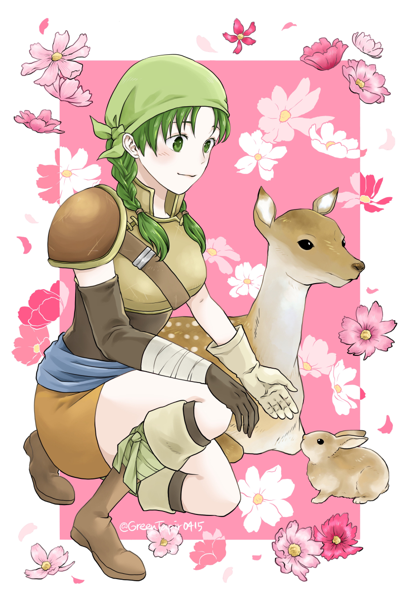 1girl absurdres animal bandana boots border braid brown_footwear closed_mouth commentary_request deer detached_sleeves falling_petals fire_emblem fire_emblem:_the_blazing_blade flower gloves green_bandana green_eyes green_hair highres lotus midori_no_baku nintendo on_one_knee outside_border petals pink_background pink_flower rabbit rebecca_(fire_emblem) single_shoulder_pad smile twin_braids white_border white_flower white_gloves