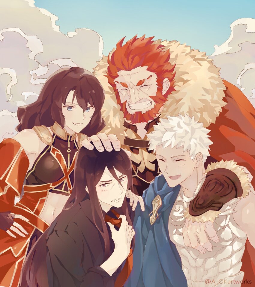 1girl 3boys aopix_001 arm_around_shoulder armor beard black_hair blush bracer brown_hair cape facial_hair fate/grand_order fate_(series) fingerless_gloves fur-trimmed_cape fur_trim gloves grin headpat hephaestion_(fate) highres iskandar_(fate) lord_el-melloi_ii multiple_boys navel necktie ptolemy_(fate) ptolemy_(first_ascension)_(fate) red_hair red_necktie smile twitter_username waver_velvet white_hair