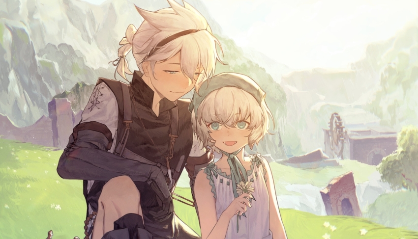 1boy 1girl :d black_boots black_gloves black_hairband boots brother_and_sister closed_mouth day dress elbow_gloves flower gloves grass green_eyes green_headscarf hairband headscarf holding holding_flower in-universe_location looking_at_another mountain nier nier_(brother) nier_(series) open_mouth outdoors ponytail pudding49500 ruins scenery short_ponytail siblings sleeveless sleeveless_dress smile water_wheel white_dress white_hair yonah