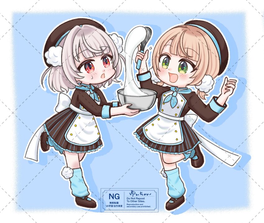 2girls alternate_costume apron back_bow black_hat black_jacket black_skirt blonde_hair blue_neckerchief blue_socks blunt_bangs bow breasts buttons chibi chibi_only commentary_request cooking double-breasted full_body green_eyes grey_hair hair_ornament hat highres holding holding_whisk indie_virtual_youtuber invisible_floor jacket large_breasts long_sleeves looking_at_object loose_socks low_twintails miniskirt mixing_bowl multiple_girls neckerchief pinstripe_pattern pinstripe_skirt pleated_skirt pom_pom_(clothes) pom_pom_hair_ornament red_eyes shigure_ui_(vtuber) short_hair short_twintails side_part skirt sleeve_cuffs small_sweatdrop socks standing standing_on_one_leg twintails two_side_up ui_(voisona) virtual_youtuber voisona waist_apron whisk yun-chan_(c_d396)
