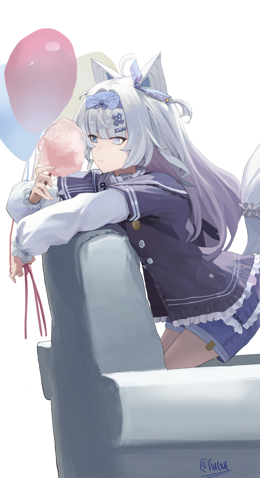 1girl absurdres ahoge animal_ears black_jacket cotton_candy couch cross-shaped_pupils denim denim_shorts food grey_eyes grey_hair hair_ornament hairband hairclip heterochromia highres holding holding_cotton_candy holding_food jacket mechanical_ears mismatched_pupils no._21:_feral_scent_(pgr) no._21:_feral_scent_(tiny_bad_wolf)_(pgr) no._21_(pgr) punishing:_gray_raven shorts sodacola solo symbol-shaped_pupils tail wolf_ears wolf_tail x_hair_ornament
