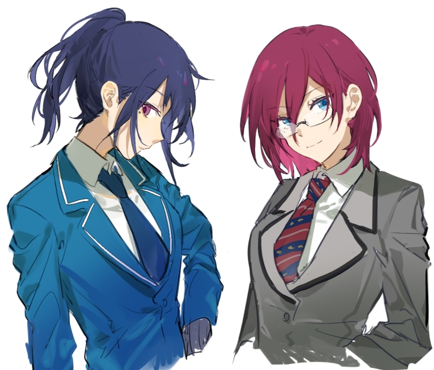 2girls black-framed_eyewear blazer blue_eyes blue_hair blue_jacket blue_necktie buttons chinese_commentary closed_mouth collared_jacket collared_shirt commentary_request cropped_torso ensemble_stars! expressionless eyelashes fushimi_yuzuru genderswap genderswap_(mtf) glasses grey_jacket hair_between_eyes hand_on_own_hip happy jacket kitakawayui lapels medium_hair mixed-language_commentary mole mole_under_eye multiple_girls necktie notched_lapels pink_eyes pink_hair ponytail red_necktie saegusa_ibara school_uniform shirt short_hair simple_background smile striped_necktie white_background white_shirt