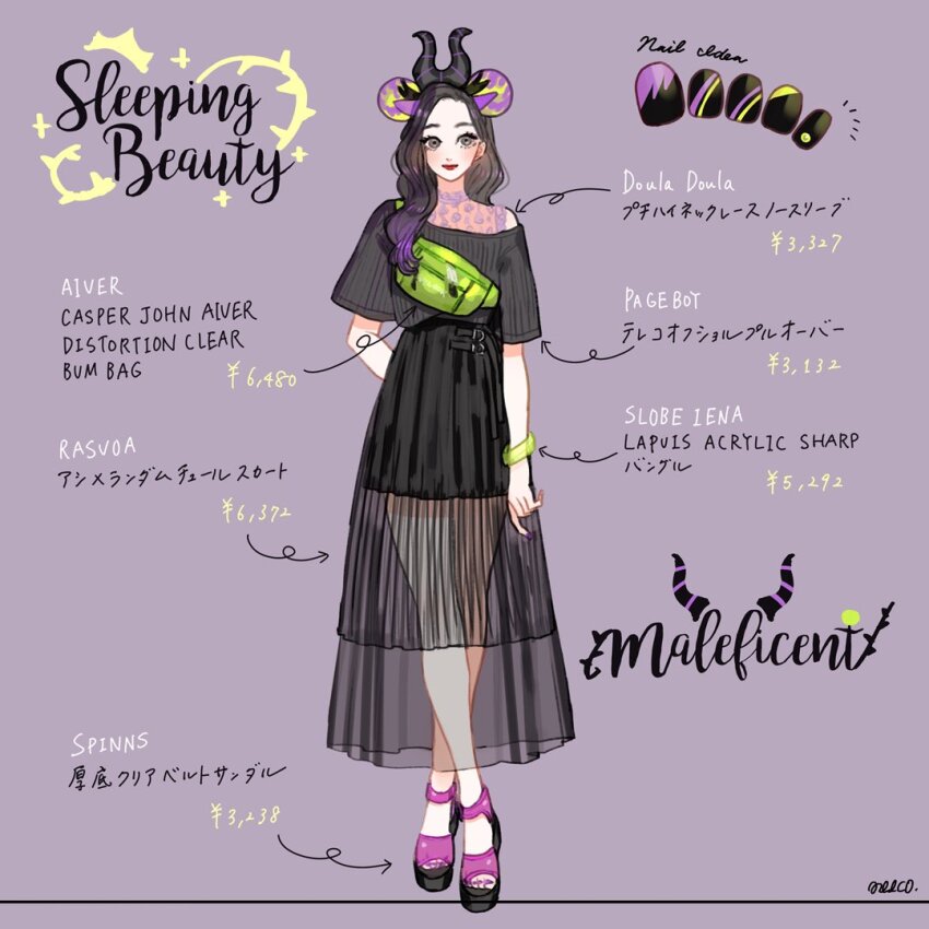 1girl bag bracelet character_name contemporary copyright_name eyeshadow fake_horns full_body horns jewelry long_hair makeup maleficent meecosme mickey_mouse_ears sandals shirt skirt sleeping_beauty_(disney) smile solo wavy_hair