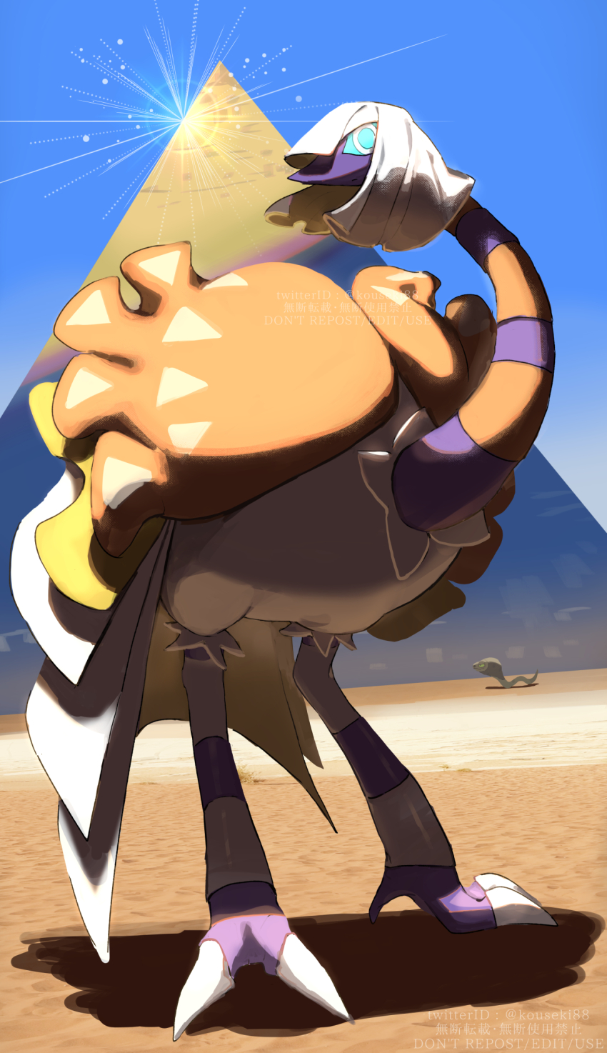 bird colored_sclera commentary_request day espathra gen_8_pokemon green_pupils green_sclera highres kouseki_(ujyh7732) nintendo no_humans outdoors pokemon pokemon_(creature) pyramid_(structure) sand silicobra sky snake standing white_eyes