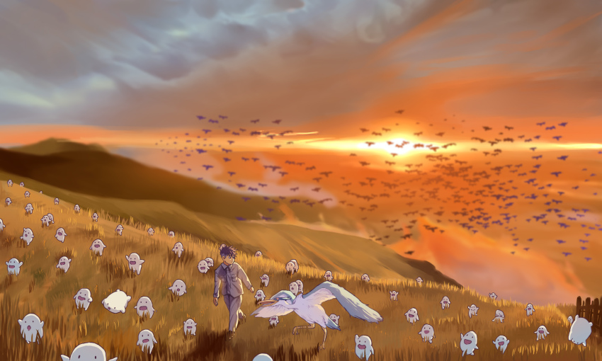 1boy bird brown_hair grey_pants grey_shirt heron highres kimitachi_wa_dou_ikiru_ka long_sleeves maki_mahito makikoshi outdoors pants scenery shirt short_hair sunset walking warawara_(miyazaki)