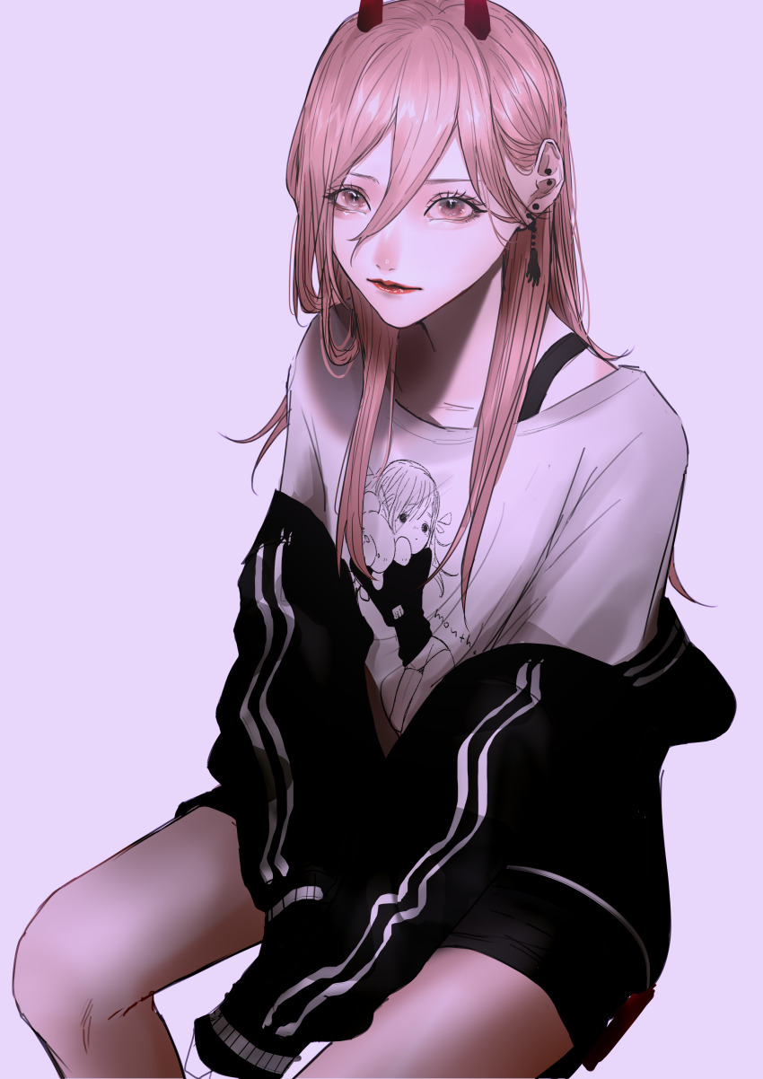 1girl absurdres between_legs black_jacket black_shorts bra_strap chainsaw_man character_name closed_mouth commentary_request demon_horns ear_piercing earrings eyelashes feet_out_of_frame grey_background hair_between_eyes hand_between_legs highres horns invisible_chair jacket jacket_partially_removed jewelry lipstick long_hair long_sleeves looking_at_viewer makeup mano_aaa piercing pink_hair power_(chainsaw_man) print_shirt red_horns red_lips shirt short_shorts shorts simple_background sitting solo t-shirt white_shirt