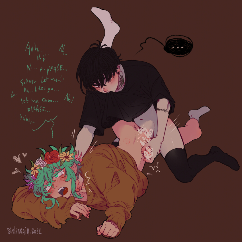 ... 2boys absurdres anal arm_tattoo basil_(omori) bite_mark bite_mark_on_hip bite_mark_on_neck bite_mark_on_shoulder bite_marks black_hair black_shirt black_thighhighs blush bottomless brown_sweater clothes_in_mouth clothes_lift commentary_request drooling ear_piercing english_text green_eyes green_hair hair_between_eyes hand_on_another&#039;s_neck hand_on_neck handjob head_wreath heart highres leg_up lifting_own_clothes long_sleeves looking_at_another looking_down lying male_focus male_penetrated moaning mouth_drool mouth_hold multiple_boys navel neck_grab nose_blush omori on_side open_mouth piercing shirt shirt_in_mouth shirt_lift short_hair short_sleeves sidelocks sintastein socks spoken_ellipsis sunny_(omori) sweater tagme talking tattoo tattoo_on_neck tearing_up teeth thighhighs trap upper_teeth_only white_socks yaoi