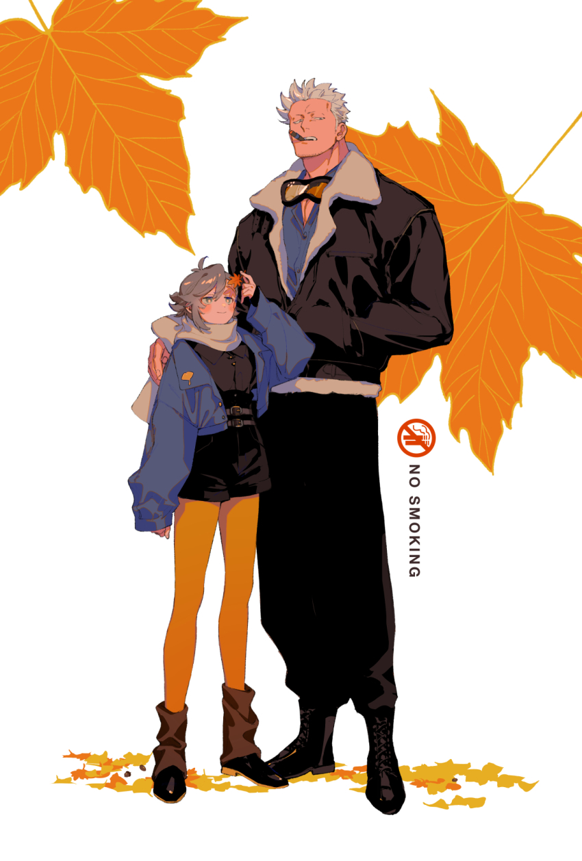 1boy 1girl antenna_hair arm_at_side autumn_leaves belt black_boots black_jacket black_pants black_shirt black_shoes black_shorts blue_jacket blue_shirt blush boots brown_socks cigar closed_mouth collared_shirt facial_hair full_body fur-trimmed_jacket fur_trim goatee_stubble goggles goggles_around_neck grey_belt grey_eyes hand_in_pocket hand_on_another&#039;s_shoulder highres holding holding_leaf jacket jitome kabane_(rjev8385) leaf leaf_background long_sleeves loose_socks maple_leaf mouth_hold multiple_belts no_smoking oc_x_canon one_piece open_clothes open_jacket original pants pantyhose scarf shirt shoes short_hair shorts sleeves_past_wrists smile smoker_(one_piece) smoking socks standing stubble swept_bangs white_background white_hair white_scarf yellow_pantyhose