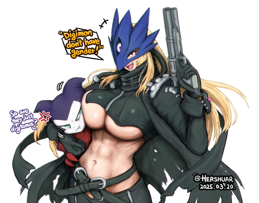 1boy 1girl abs anger_vein beelstarmon black_coat black_shirt blonde_hair breasts coat cowboy_shot crop_top digimon digimon_(creature) english_text eye_mask finger_on_trigger green_eyes gun hershuar holding holding_gun holding_weapon impmon large_breasts long_hair muscular muscular_female open_clothes open_coat open_mouth purple_eyes shirt simple_background speech_bubble third_eye underboob very_long_hair weapon white_background