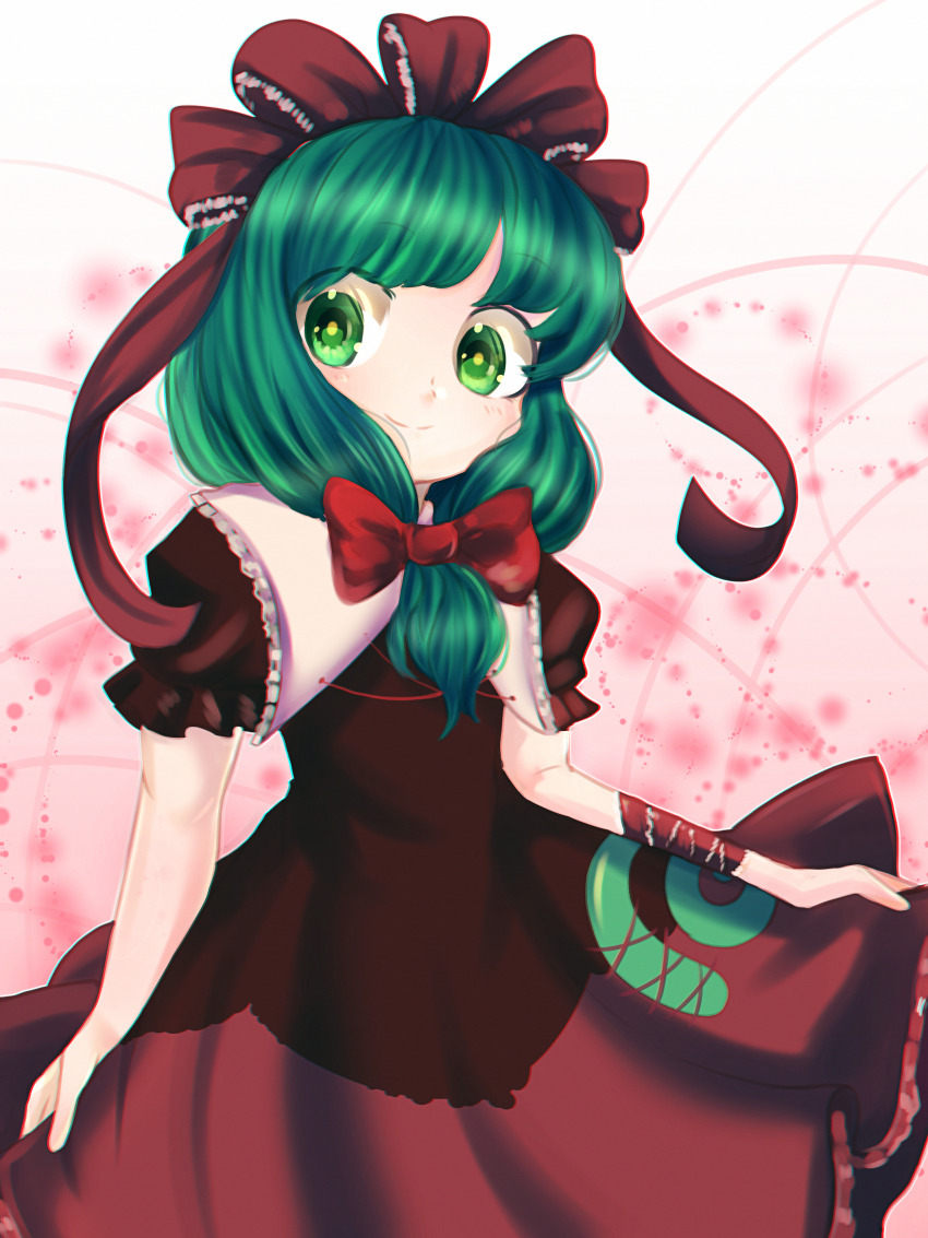 1girl absurdres bow closed_mouth commission cowboy_shot dress dungeon_toaster frilled_ribbon frilled_sleeves frills front_ponytail gradient_background green_eyes green_hair hair_bow hair_ribbon highres kagiyama_hina light_smile looking_at_viewer medium_hair mixed-language_commentary pink_background puffy_short_sleeves puffy_sleeves red_bow red_dress red_ribbon ribbon short_sleeves simple_background solo touhou