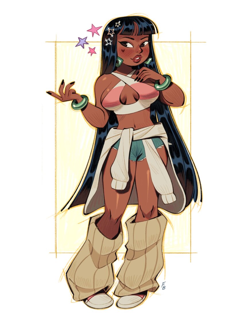 blunt_bangs bracelet chel_(the_road_to_el_dorado) clothes_around_waist criss-cross_halter denim denim_shorts earrings friedbaens hair_ornament halterneck highres jewelry leg_warmers long_hair navel shoes shorts simple_background star_(symbol) sweater sweater_around_waist the_road_to_el_dorado very_long_hair white_background