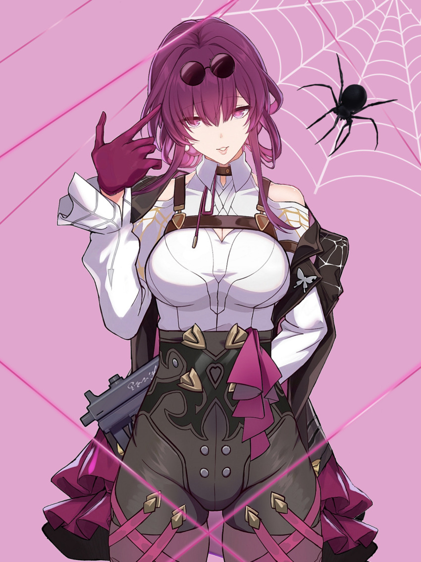 1girl arm_behind_back black_jacket black_shorts breasts clothing_cutout collared_shirt commentary_request cowboy_shot eyewear_on_head finger_gun finger_gun_to_head glasses gloves gun high-waist_shorts highres holding holding_gun holding_weapon honkai:_star_rail honkai_(series) jacket jacket_on_shoulders kafka_(honkai:_star_rail) large_breasts long_sleeves pantyhose parted_lips pince-nez pink_background purple_eyes purple_gloves purple_hair purple_pantyhose revision saint_laurent_paris shirt shorts shoulder_cutout silk simple_background smile solo spider_web submachine_gun sunglasses weapon white_shirt