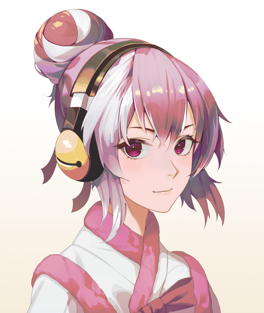 1girl absurdres blush eyelashes female_focus guilty_gear guilty_gear_xrd hair_bun headphones highres korean_clothes kum_haehyun looking_at_viewer luskin78 multicolored_hair portrait purple_eyes purple_hair single_hair_bun solo two-tone_hair white_hair wireless