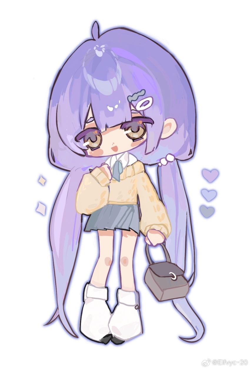 1girl azusa_(vtuber) virtuareal_link bag blue_hair chibi collared_shirt handbag heart highres holding holding_bag nijisanji shirt socks solo sparkle sweater twintails virtual_youtuber virtuareal watermark weibo_username weibo_watermark white_background white_shirt white_socks women_jiu_bie_zaoqile_hao_ma