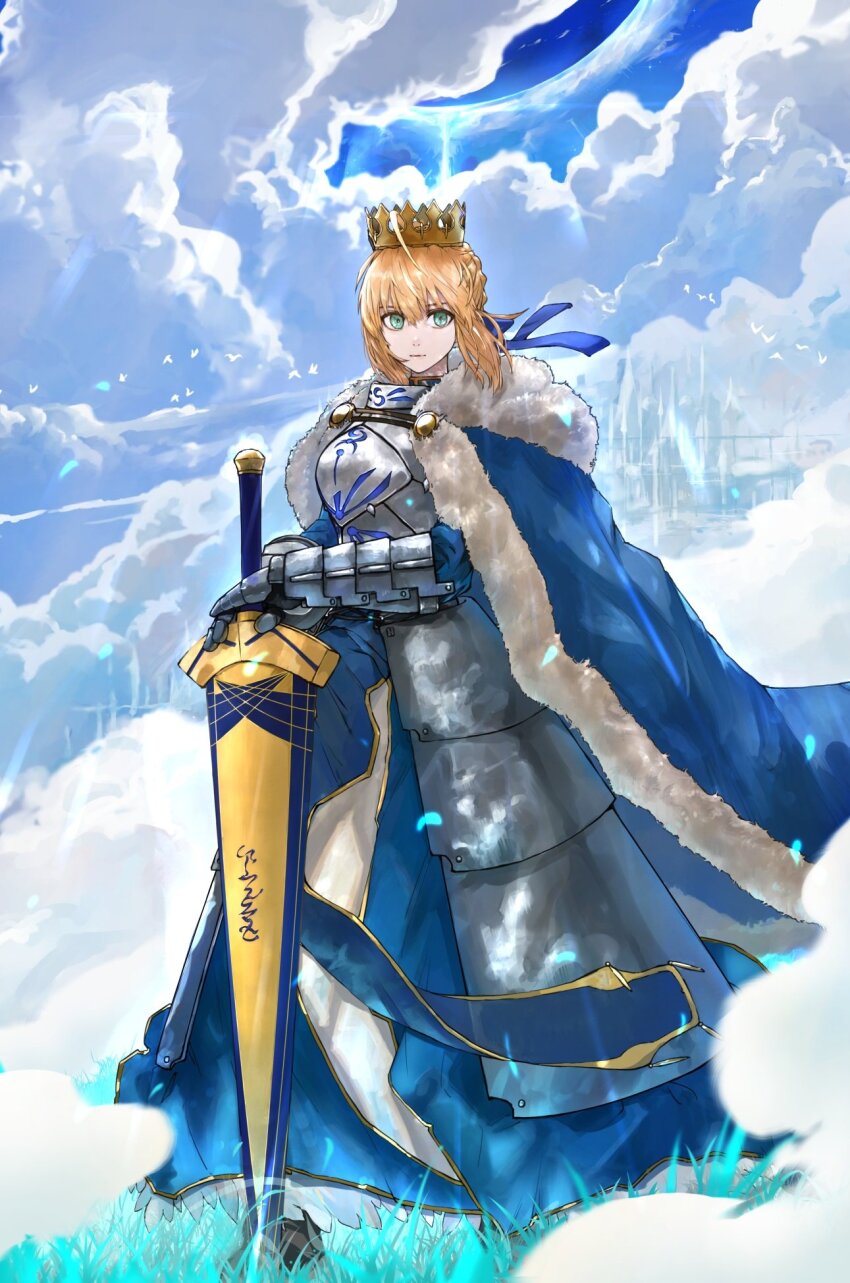 1girl ahoge armor armored_skirt artoria_pendragon_(fate) avalon_(fate) bird blonde_hair blue_cloak braid braided_bun breastplate cloak crow excalibur_(fate/stay_night) fate/stay_night fate_(series) fur fur-trimmed_cloak fur_trim gauntlets green_eyes hair_between_eyes hair_bun highres holding holding_sword holding_weapon knight neko_no_kedama planted planted_sword planted_weapon saber_(fate) sheath sheathed solo sword weapon