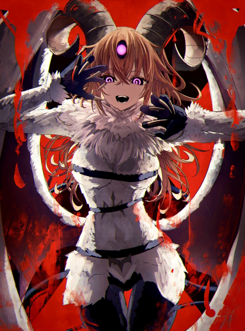 1girl @_@ absurdres body_fur claw_pose dark_young_(fate) demon_girl demon_horns demon_tail demon_wings fate/grand_order fate_(series) fingernails fujimaru_ritsuka_(female) goat_horns highres horns long_fingernails long_hair looking_at_viewer monsterification orange_hair purple_eyes red_background solo tail third_eye wings yagi_(yagi5art)