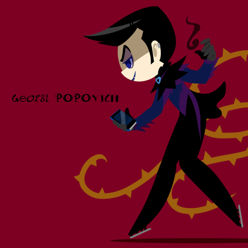1boy black_hair blue_eyes bodysuit cellphone character_name eyeshadow from_side georgi_popovich highres ice_skates kaorin_minogue lipstick makeup male_focus phone plant red_background skates smartphone smile vines yuri!!!_on_ice