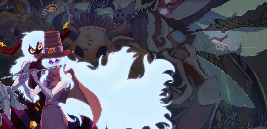 absurdres archnemon arthropod_girl blackwargreymon digimon flute glasses golemon hat highres insect_girl instrument knightmon long_hair mammon_(digimon) minotaurmon okuwamon spider_girl thunderballmon white_hair