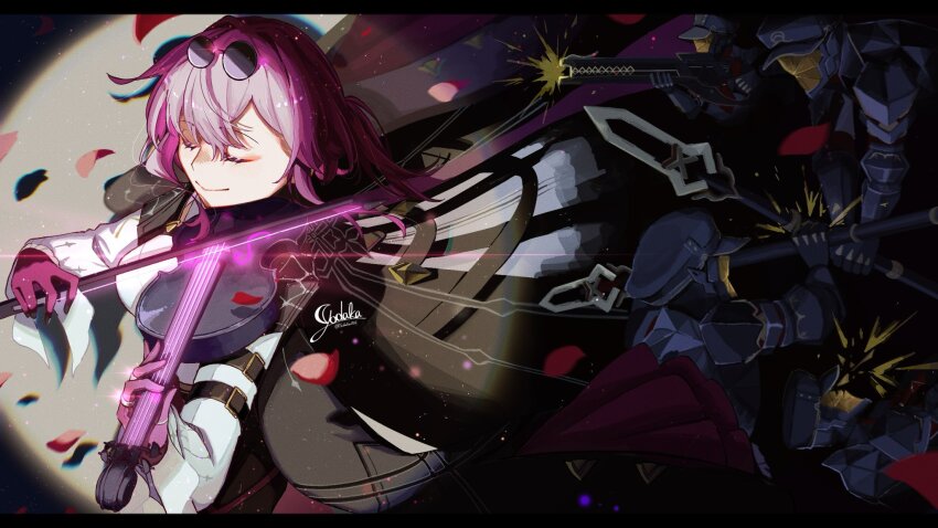 1girl 3others black_coat closed_eyes coat eyewear_on_head glasses gloves guitar gun highres holding holding_guitar holding_gun holding_instrument holding_polearm holding_weapon honkai:_star_rail honkai_(series) instrument kafka_(honkai:_star_rail) long_hair multiple_others music pince-nez playing_guitar playing_instrument polearm purple_gloves purple_hair shirt smile spider_web_print upper_body weapon white_shirt yodaka002