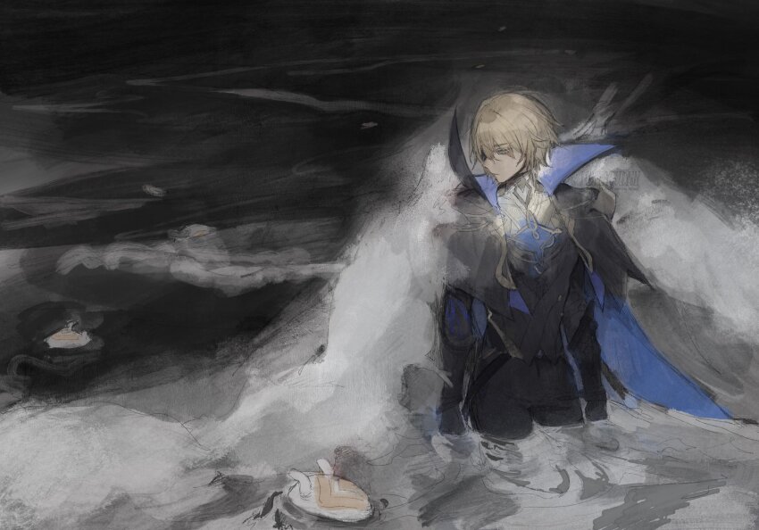 1boy black_cape black_gloves black_pants blonde_hair blue_eyes cape closed_mouth dainsleif_(genshin_impact) genshin_impact gloves highres kaimochi0839 looking_to_the_side male_focus mystical_high_collar ocean pants partially_submerged solo standing two-sided_cape two-sided_fabric water waves